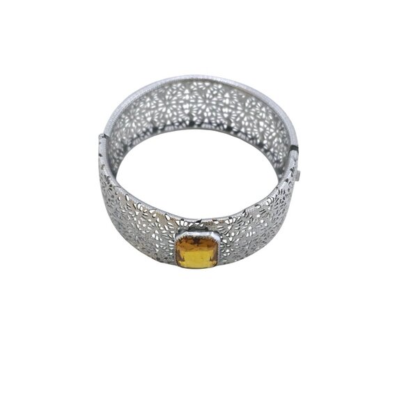 Stunning Edwardian Filigree Wide Bangle with Faceted Glass Bangle Bracelet A8568 - Picture 2 of 8